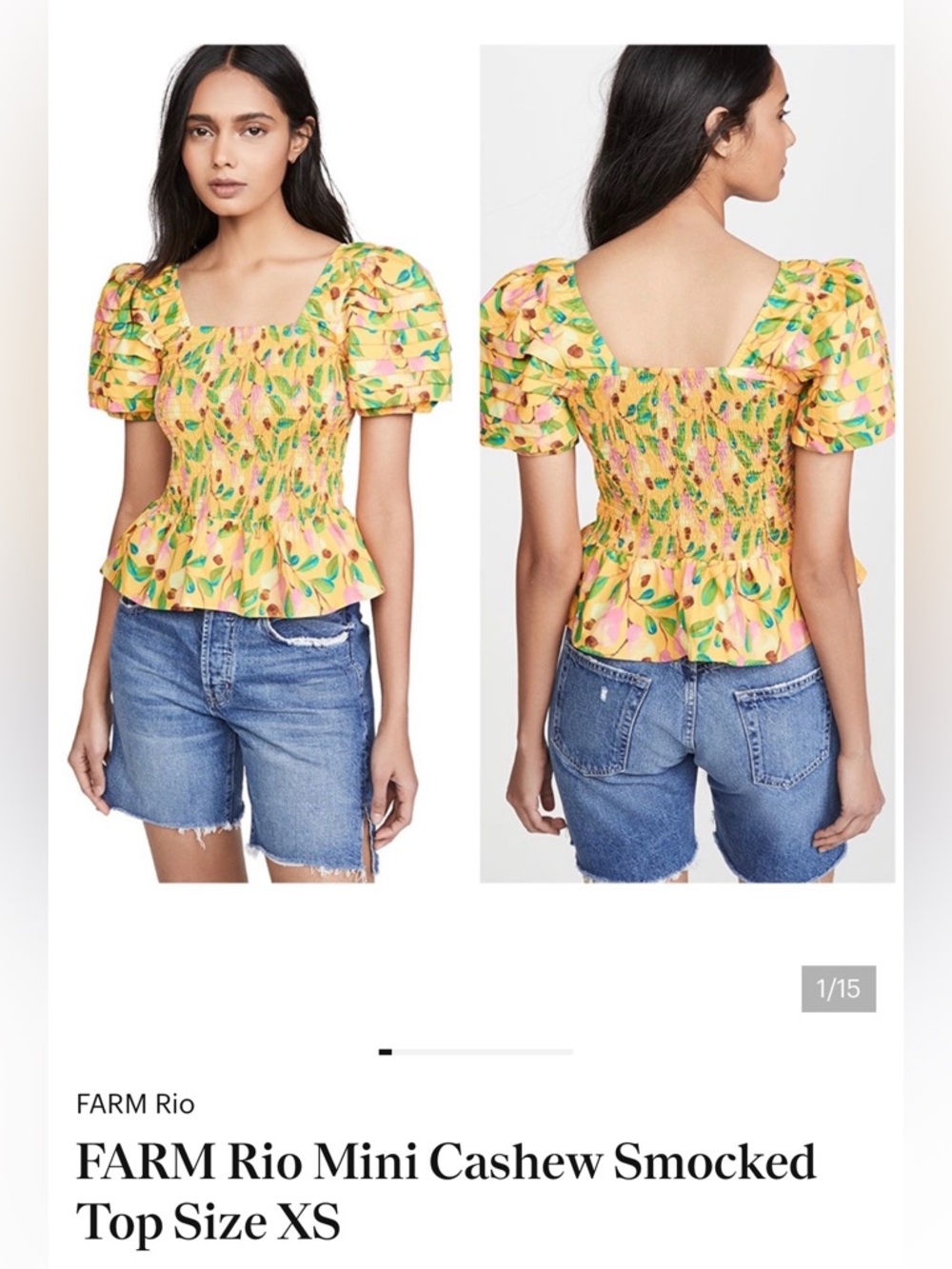 FARM Rio Yellow Cashew-Print Smocked Puff-Sleeve Top